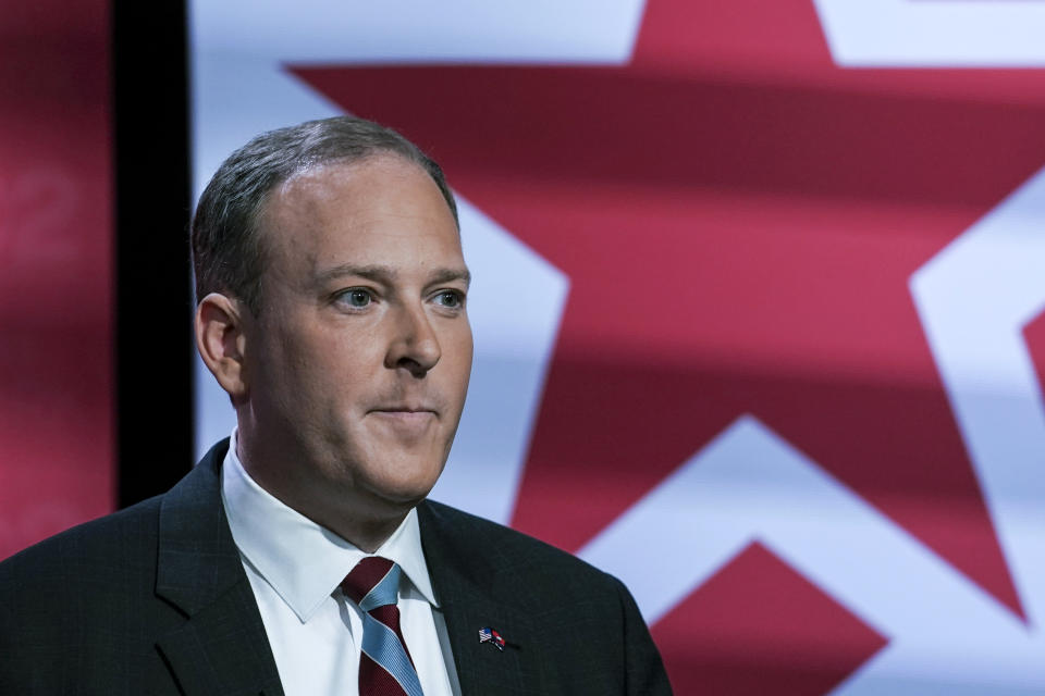 Suffolk County Congressman Lee Zeldin listens as he prepares to participate in New York's Republican gubernatorial debate at the studios of CBS2 TV, Monday June 13, 2022, in New York. (AP Photo/Bebeto Matthews)