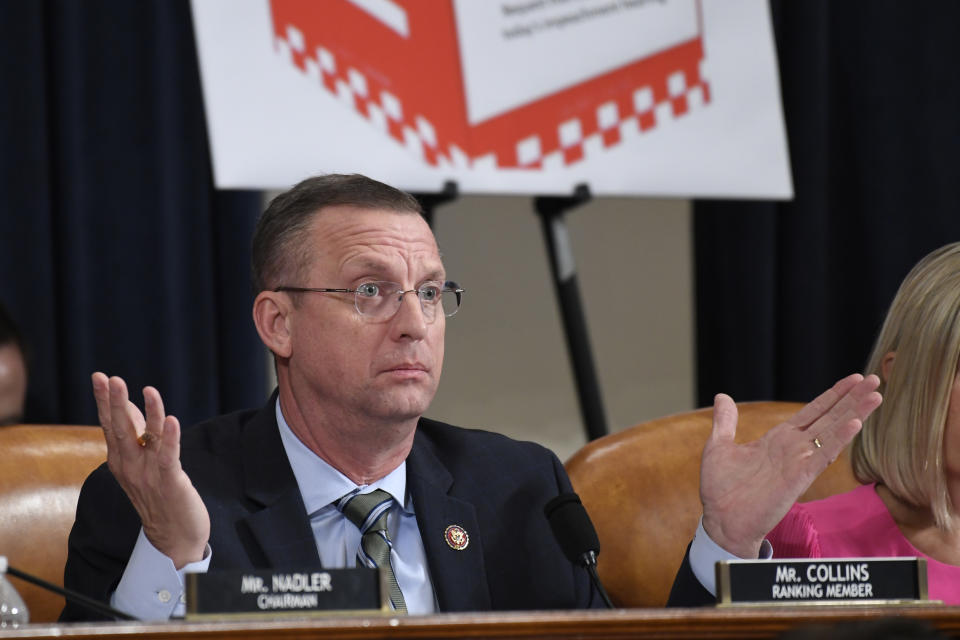 House Judiciary Committee ranking member Rep. Doug Collins, R-Ga., speaks as the House Judiciary Committee hears investigative findings in the impeachment inquiry of President Donald Trump, Monday, Dec. 9, 2019, on Capitol Hill in Washington.(AP Photo/Susan Walsh)