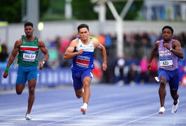 Louie Hinchliffe (centre) wins the Men’s 100m final during day one of the Olympic Trials and UK Athletics Championships in Manchester