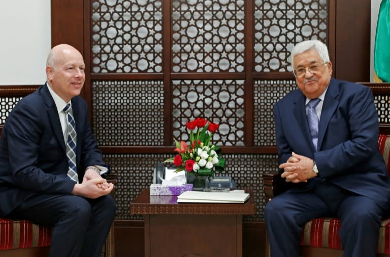 Palestinian president Mahmoud Abbas meets Jason Greenblatt, the US president's special representative for international negotiations, at his office in Ramallah on March 14, 2017