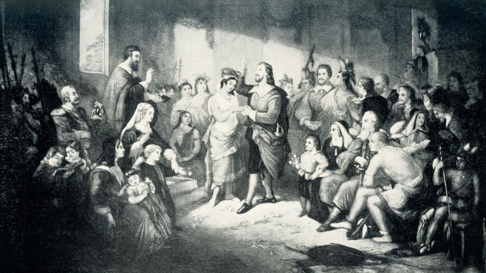 This 1899 illustration shows the marriage of Pocahontas to John Rolfe in 1614. English Captain John Smith guided the colonists through difficult times in the Jamestown settlement of 1607. But records say: John Smith came to the Powhatan when Pocahontas was about 9 or 10. According to Mattaponi oral history, little Matoaka was possibly about 10 years old when John Smith and English colonists arrived in Tsenacomoca in the spring of 1607. John Smith was about 27 years old. They were never married nor involved.