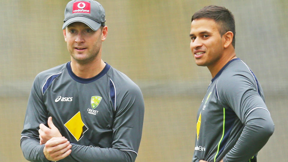 Michael Clarke and Usman Khawaja, pictured here at a training session for Australia in 2012.