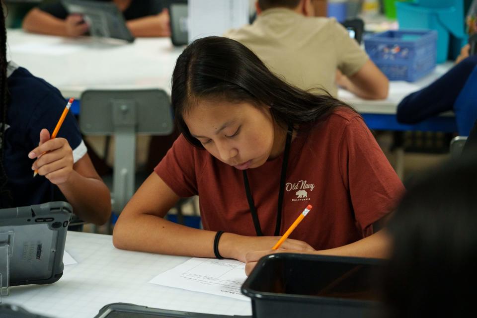 Sophie Aguilera works in the Verizon Innovative Learning Lab at Alhambra Traditional School on Aug. 28, 2023, in Phoenix.