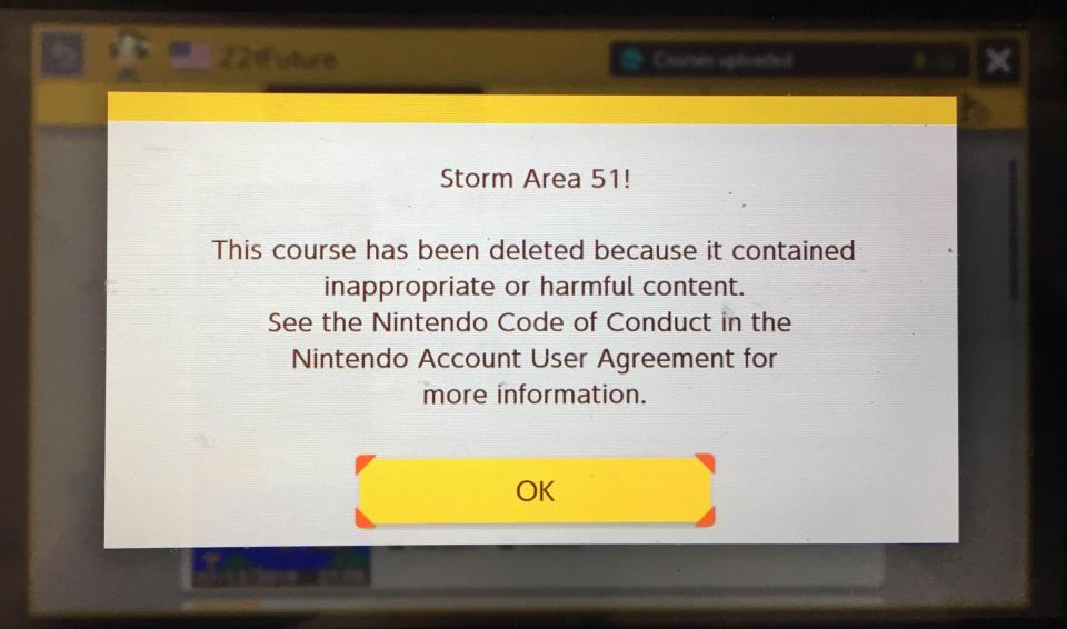 Notificación de Nintendo al dar de baja el nivel "Storm Area 51!"