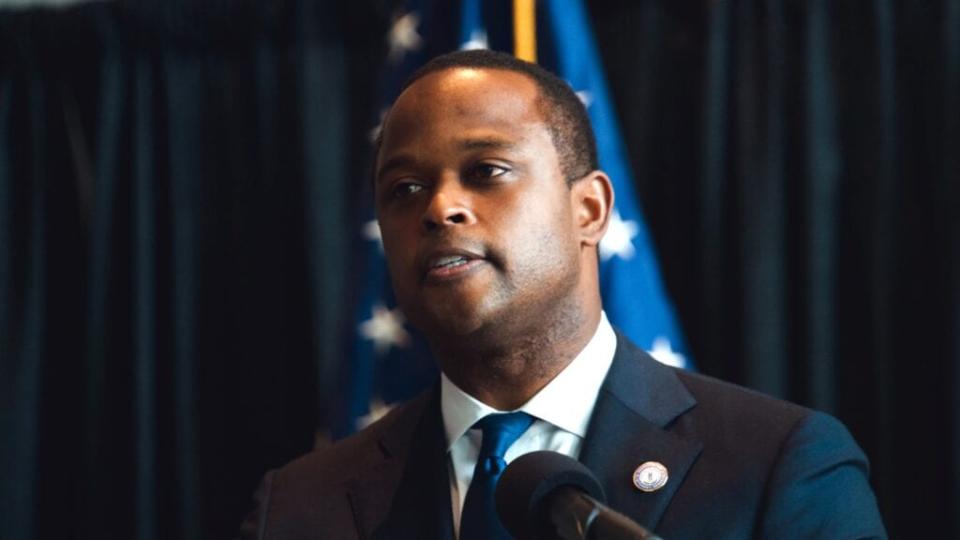 Kentucky Attorney General Daniel Cameron speaks at last week’s press conference to announce a grand jury’s decision to indict one of three Louisville Metro Police Department officers involved in the shooting death of Breonna Taylor. <br>(Photo by Jon Cherry/Getty Images)