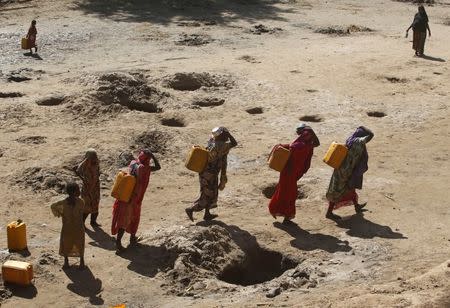 Women carry jerry cans of water from shallow wells dug from the sand along the Shabelle River bed, which is dry due to drought in Somalia's Shabelle region, March 19, 2016. REUTERS/Feisal Omar/File Photo