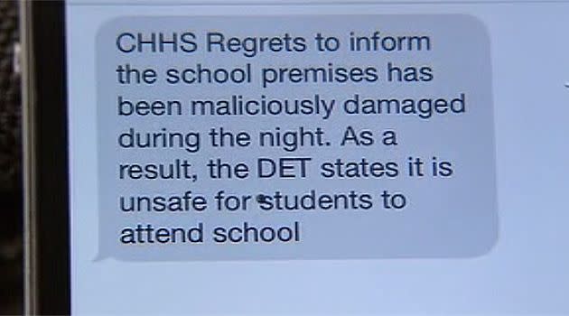 The prank text message sent to parents early this morning. Photo: 7News