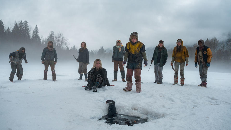 The Yellowjackets survivors, with Nat (Sophie Thatcher) and Misty (Samantha Hanratty) looking on as Javi (Luciano Leroux) drowns.