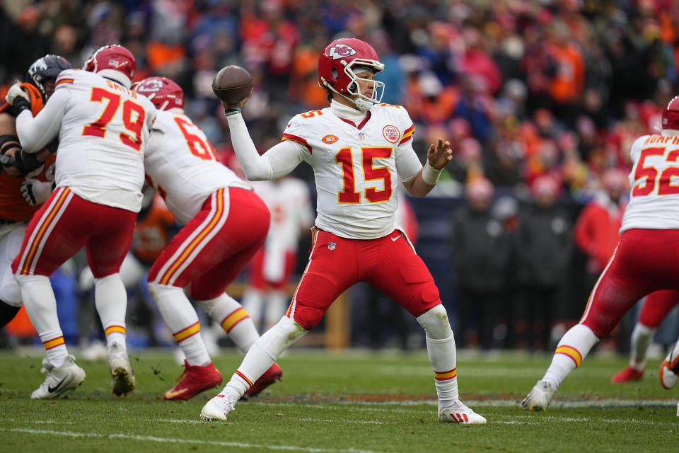 Kansas City Chiefs quarterback Patrick Mahomes (15) throws during the second half of an NFL football game against the Denver Broncos Sunday, Oct. 29, 2023, in Denver. (AP Photo/Jack Dempsey)