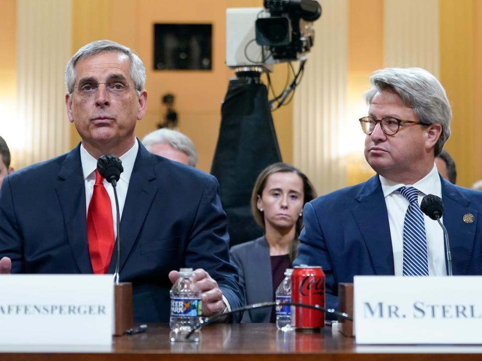 Brad Raffensperger, Georgia Secretary of State, testifies as Gabe Sterling, Georgia Deputy Secretary of State, listens,