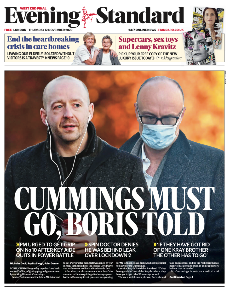 The Evening Standard’s front page on ThursdayEvening Standard