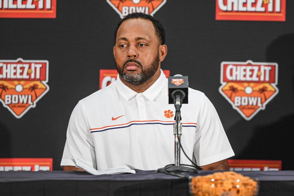 Clemson special teams coordinator Mike Reed listens to  question from media during the 2021 Cheez-It Bowl press conference at the Rosen Plaza in Orlando, Florida Sunday, December 26, 2021. 