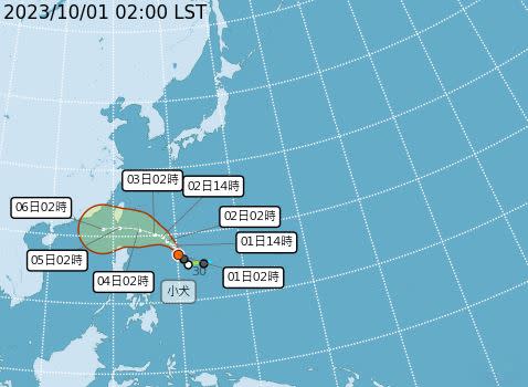 中央氣象署公布小犬颱風路徑潛勢預測圖。（圖／翻攝自氣象署）