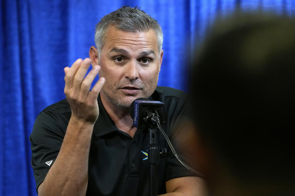 Tampa Bay Rays manager Kevin Cash gestures during a season ending baseball news conference Monday, Oct. 9, 2023, in St. Petersburg, Fla. The Rays were swept by the Texas Rangers in the wild card round. (AP Photo/Chris O'Meara)