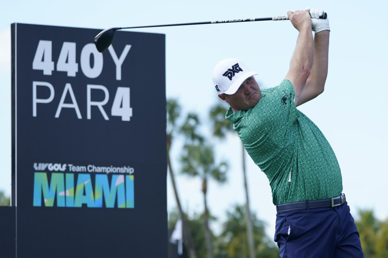 Jason Kokrak hits from the third tee during the final round of the LIV Golf Team Championship at Trump National Doral Golf Club, Sunday, Oct. 30, 2022, in Doral, Fla. (AP Photo/Lynne Sladky)