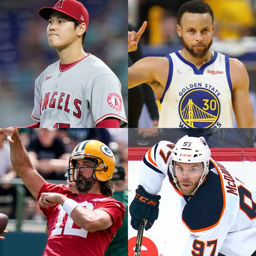 大谷擊敗NBA柯瑞（Stephen Curry）、NFL羅傑斯（Aaron Rodgers）、NHL麥大衛（Connor McDavid），榮膺年度男運動員。（圖／達志影像美聯社）