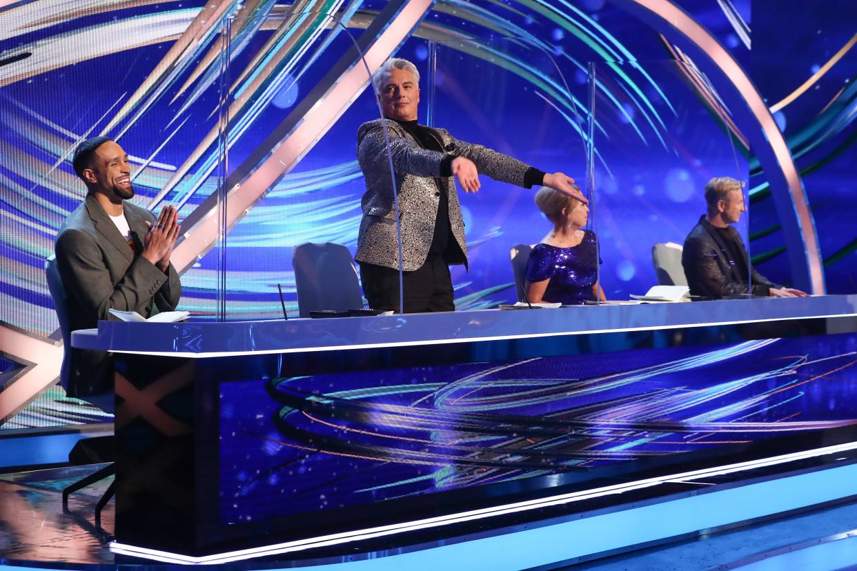 Editorial use only  Mandatory Credit: Photo by Matt Frost/ITV/Shutterstock (11747857p)  Ashley Banjo, John Barrowman, Jayne Torvill and Christopher Dean  'Dancing On Ice' TV show, Series 13, Episode 4, Hertfordshire, UK - 07 Feb 2021