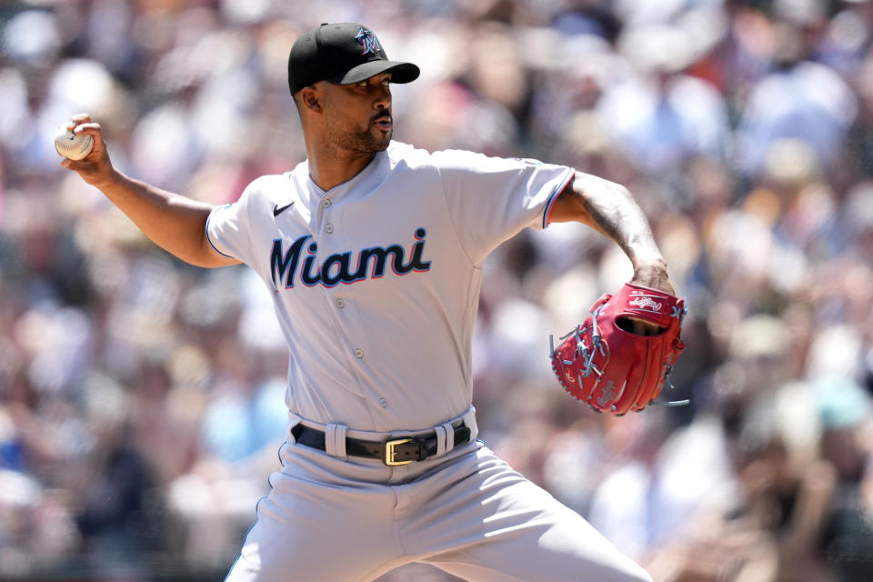 Miami Marlins starting pitcher Sandy Alcantara delivers in the first inning of a baseball game against the Chicago White Sox, Saturday, June 10, 2023, in Chicago. (AP Photo/Charles Rex Arbogast)