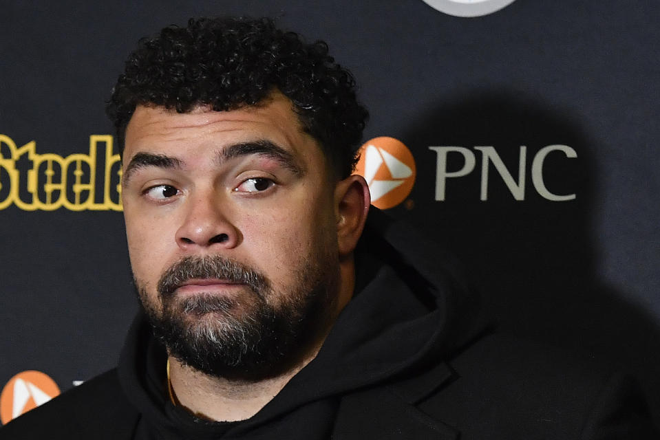 Pittsburgh Steelers defensive tackle Cameron Heyward (97) answers questions during a news conference after playing against the Buffalo Bills in an NFL wild-card playoff football game, Monday, Jan. 15, 2024, in Buffalo, N.Y. (AP Photo/Adrian Kraus)