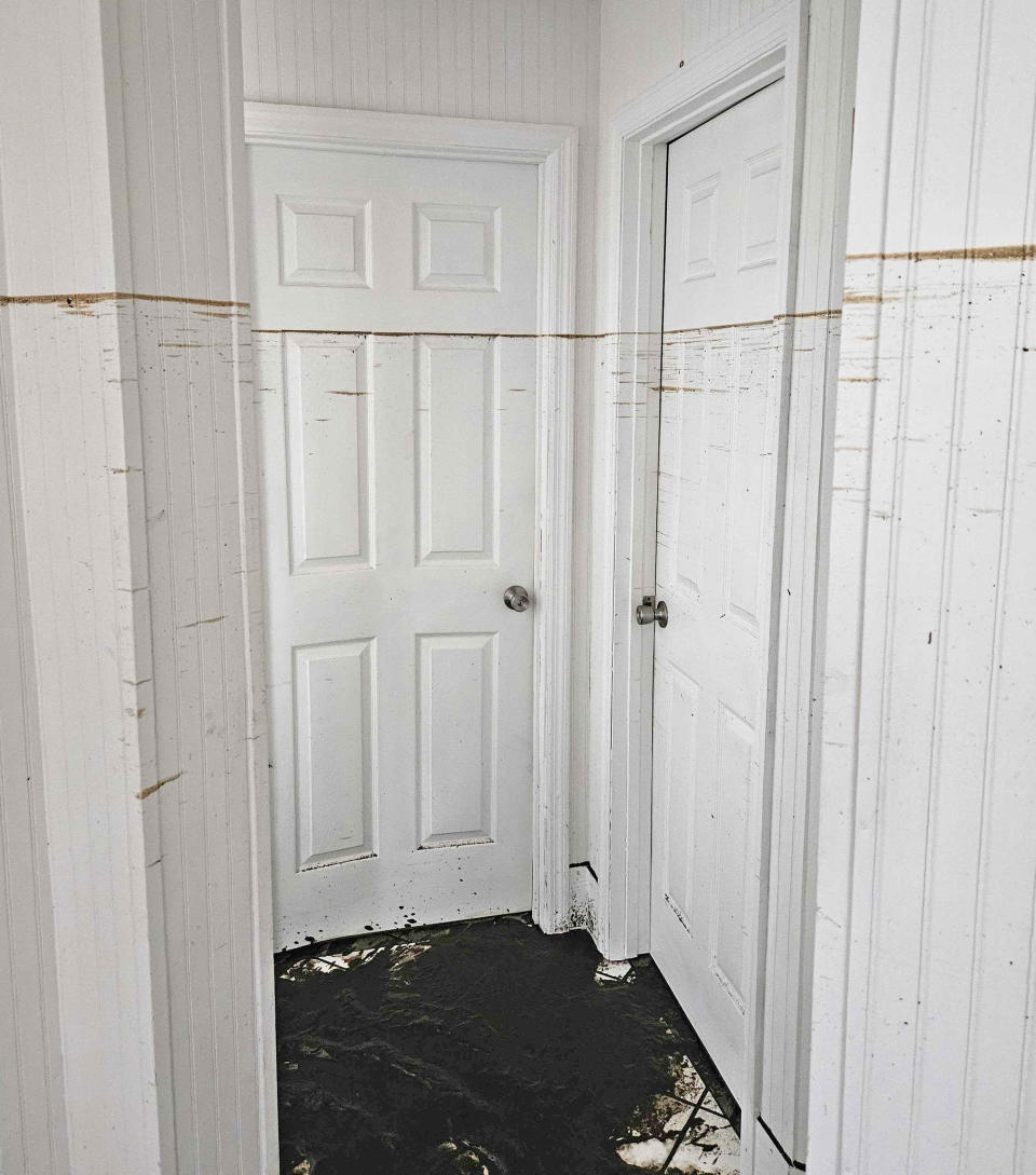 A brown line shows high the water rose in Richard Carmichael's house in Steinhatchee, Fla. (Minyvonne Burke / NBC News)