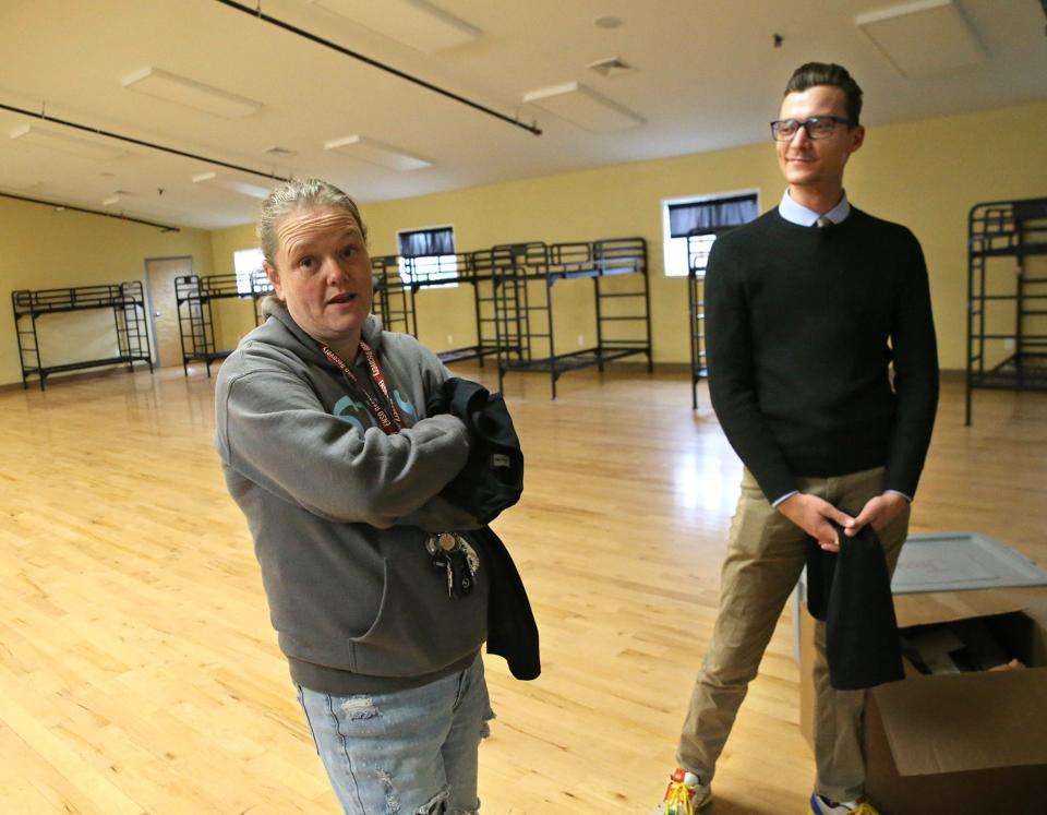 Amy Malone and Dillon Guyer of Karlee’s Home Team check out the Willand Warming Center in Somersworth Friday, Nov. 10 as the nonprofit prepares to manage the center for the 2023-24 season.