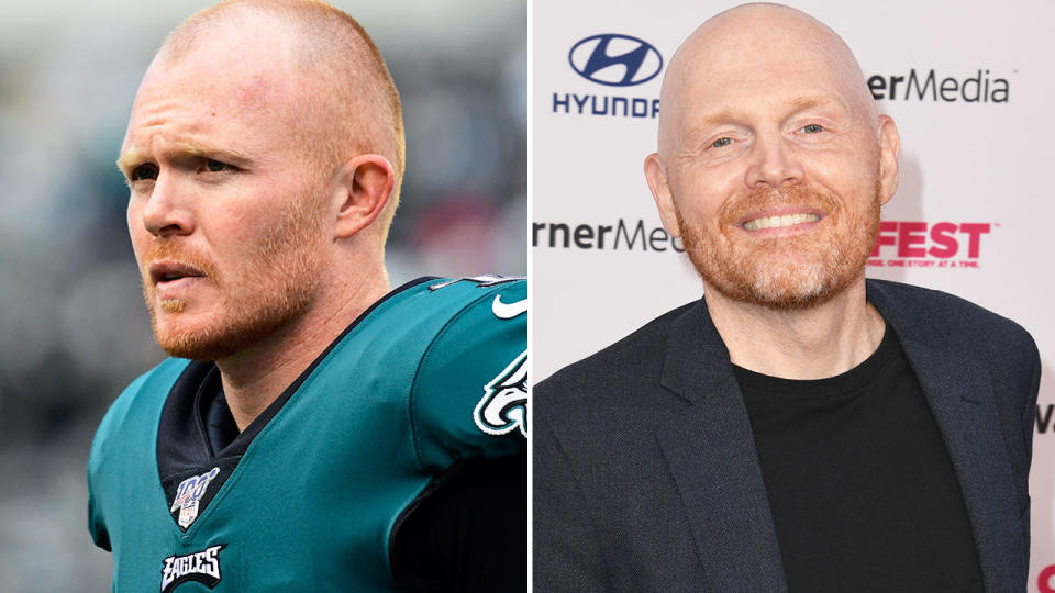 Pictured left, Aussie NFL punter Cameron Johnston alongside American comedian Bill Burr.