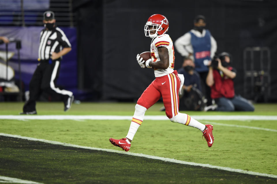 Kansas City Chiefs wide receiver Mecole Hardman scores a touchdown during the first half of an NFL football game against the Baltimore Ravens, Monday, Sept. 28, 2020, in Baltimore. (AP Photo/Gail Burton)