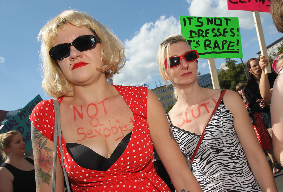 BERLIN, GERMANY - AUGUST 13: Women participate in the "Slut Walk" march on August 13, 2011 in Berlin, Germany. Several thousand men and women turned out to protest against rape and a woman's right to her body. (Photo by Sean Gallup/Getty Images)