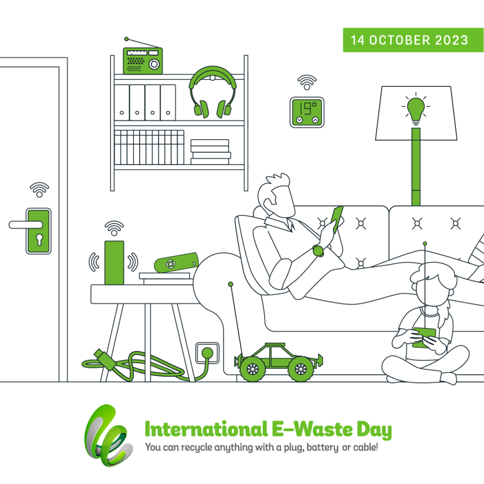 A poster promoting what electronic products can be recycled for e-waste day on 14 October (WEEE)