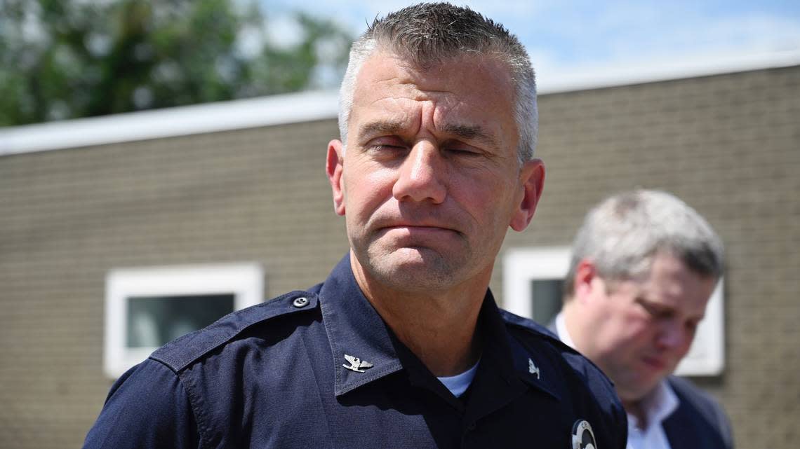 North Kansas City Police Chief Kevin Freeman, center, speaks at a news conference Tuesday. Mayor Bryant DeLong is pictured at right.