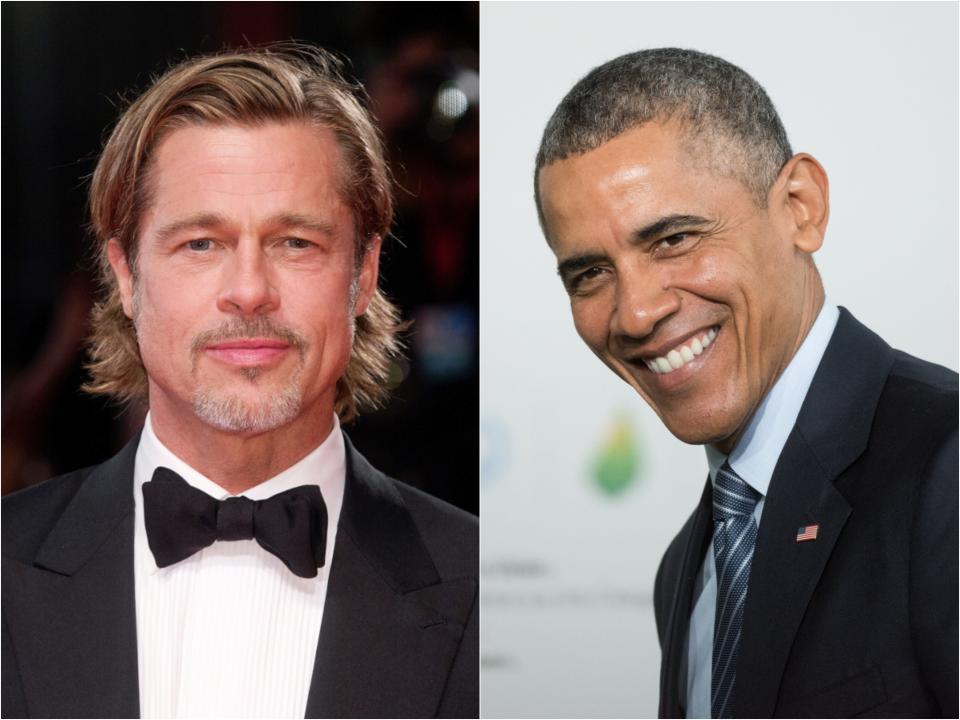 Side by side of Pitt smiling in a tuxedo next to Obama smiling in a suit.