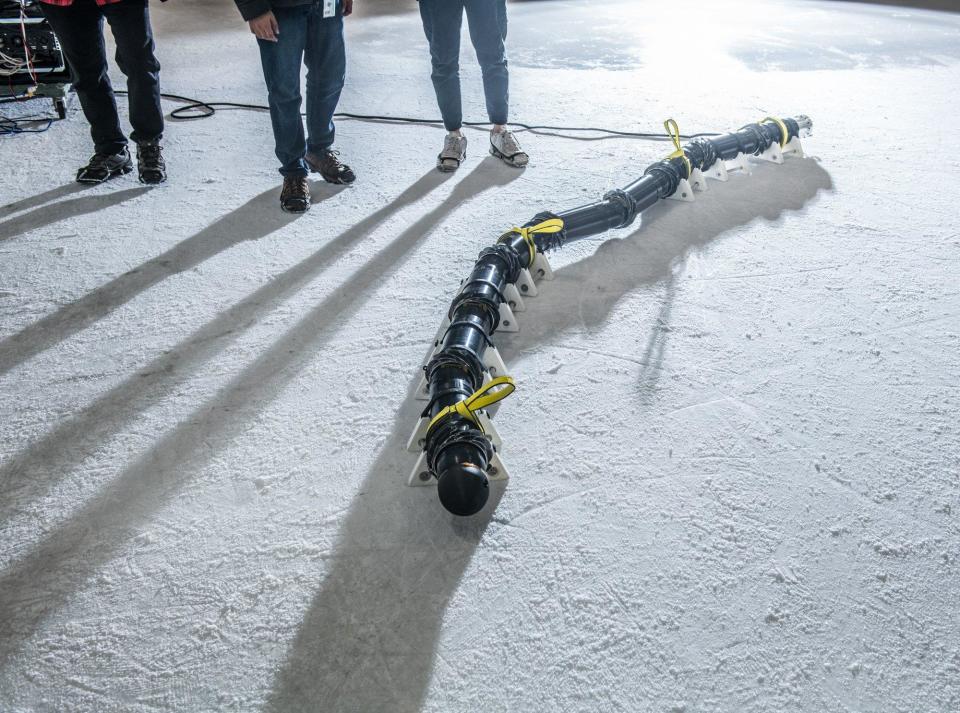 The first EELS prototype awaits testing at the Pasadena Ice Rink. / Credit: NASA/JPL-CalTech