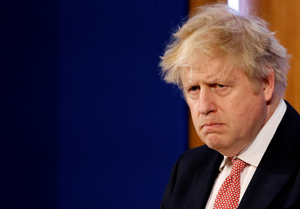 Prime Minister Boris Johnson during a media briefing in Downing Street, London, to outline the Government's new long-term Covid-19 plan. Picture date: Monday February 21, 2022.