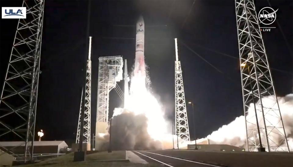 In this image made from NASA video, United Launch Alliance’s Vulcan rocket with Astrobotic's Peregrine lander onboard is launched Jan. 8 from Cape Canaveral Space Force Station in Florida. An on-board fuel leak dashed the lander's hopes of making it to the moon's surface, and the lander was set to head back toward Earth and burn up in our planet's atmosphere.