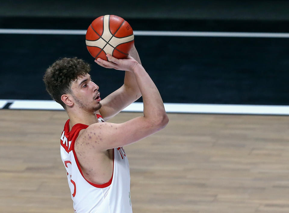 ISTANBUL, TURKEY - FEBRUARY 20: Alperen Sengun of Turkey shoots a free throw during FIBA EuroBasket 2022 Qualifiers Group D basketball match at Besiktas Akatlar Arena in Istanbul, Turkey on February 20, 2021. (Photo by Mehmet Eser/Anadolu Agency via Getty Images)