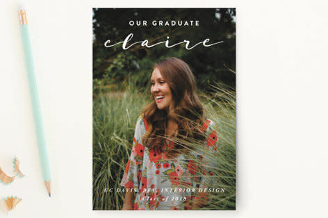 55&nbsp;Graduation Announcement Postcards at 1.38&nbsp;ea. Get it on&nbsp;<a href="https://www.minted.com/product/graduation-announcement-postcards/MIN-WRI-GPC/name-in-script?color=A&amp;greeting=" target="_blank">Minted</a>.