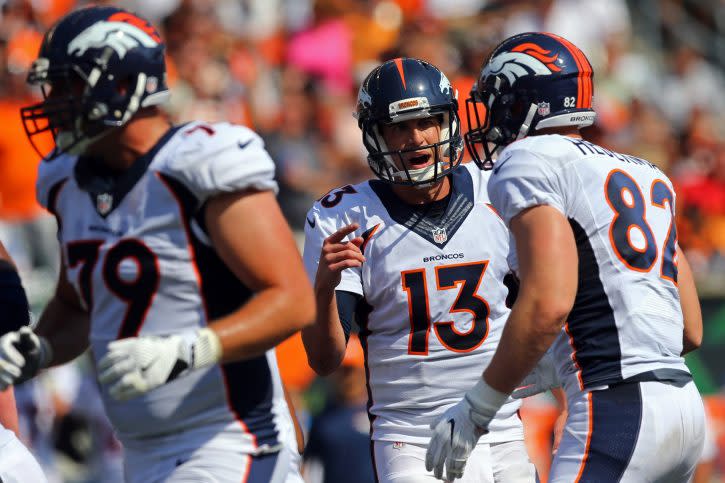 Sep 25, 2016; Cincinnati, OH, USA; Denver Broncos quarterback Trevor Siemian (13) gives instruction prior to the snap against the Cincinnati Bengals in the first half at Paul Brown Stadium. Mandatory Credit: Aaron Doster-USA TODAY Sports