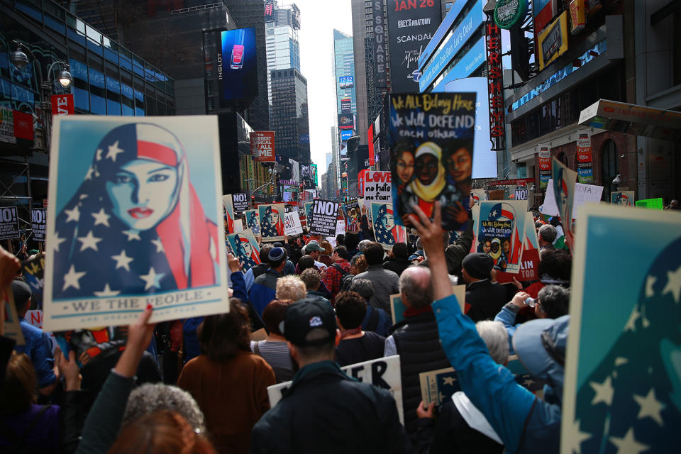 <p>People gather and hold up signs in Times Square in New York City in the “I am a Muslim too” rally on Feb. 19, 2017. (Gordon Donovan/Yahoo News) </p>