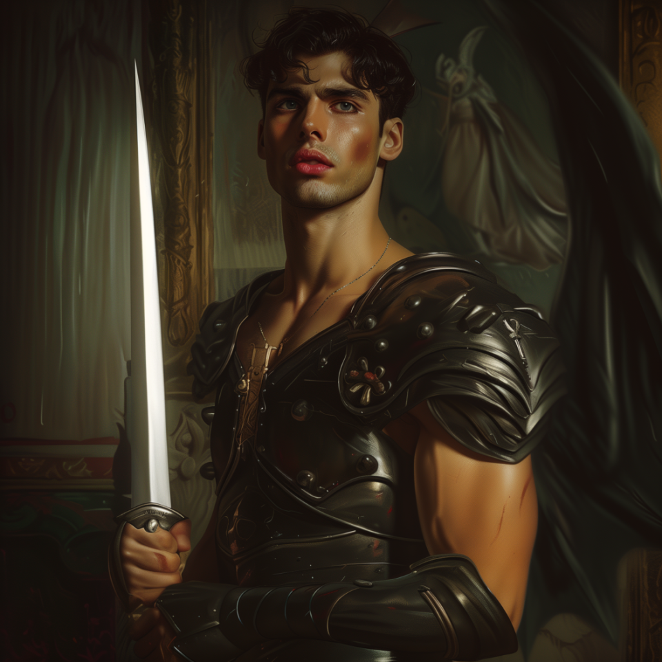Illustration of a person in fantasy armor holding a sword, with dramatic lighting and a classical painting vibe