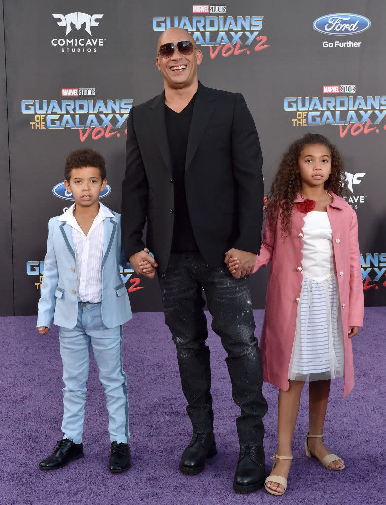 Vin Diesel, son Vincent Sinclair and daughter Hania Riley Sinclair arrive at the premiere of Disney and Marvel's 'Guardians of the Galaxy Vol. 2'