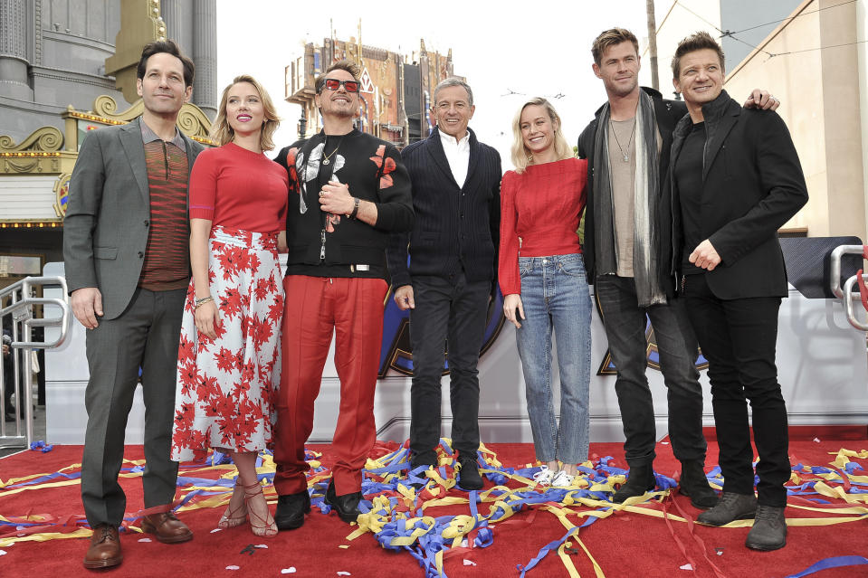 "Avengers: Endgame" cast members, Paul Rudd, from left, Scarlett Johansson, Robert Downey Jr., Robert Iger, Brie Larson, Chris Hemsworth and Jeremy Renner appear at an event announcing the Universe Unites Charity at Disney California Adventure Park on Friday, April 5, 2019, in Anaheim, Calif. (Photo by Richard Shotwell/Invision/AP)