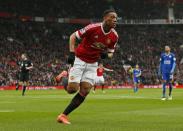 Britain Football Soccer - Manchester United v Leicester City - Barclays Premier League - Old Trafford - 1/5/16 Anthony Martial celebrates after scoring the first goal for Manchester United Action Images via Reuters / Jason Cairnduff Livepic EDITORIAL USE ONLY. No use with unauthorized audio, video, data, fixture lists, club/league logos or "live" services. Online in-match use limited to 45 images, no video emulation. No use in betting, games or single club/league/player publications. Please contact your account representative for further details.