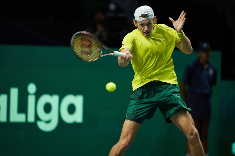 Alex de Minaur, pictured here in action for Australia in the Davis Cup final.