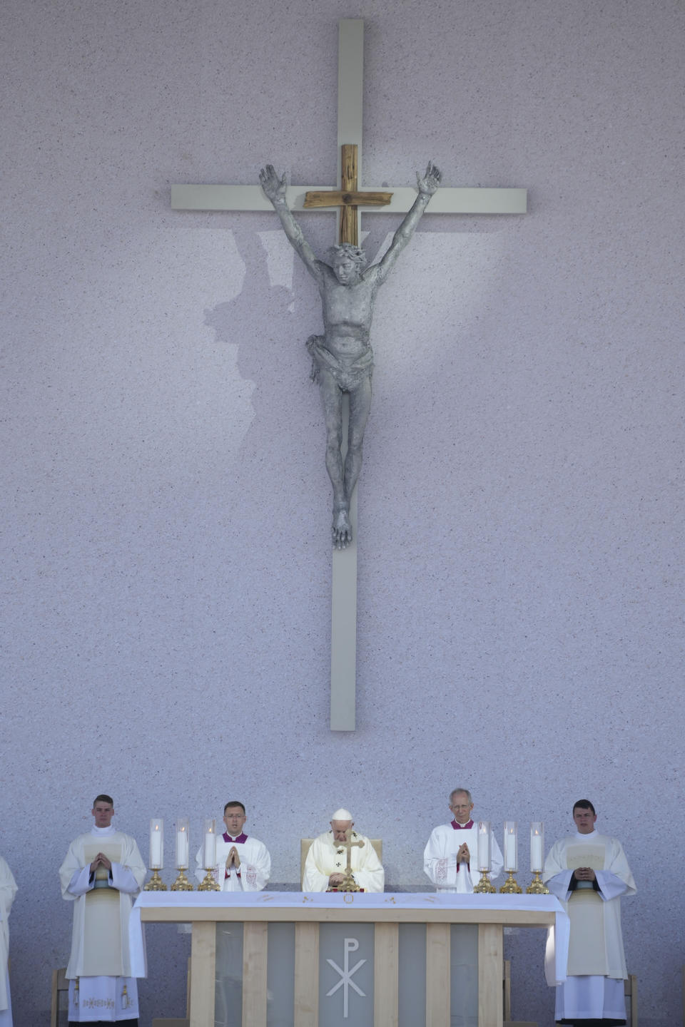 Pope Francis celebrates a Mass in the esplanade of the National Shrine in Sastin, Slovakia, Wednesday, Sept. 15, 2021. Pope Francis celebrates an open air Mass in Sastin, the site of an annual pilgrimage each September 15 to venerate Slovakia's patron, Our Lady of Sorrows. (AP Photo/Gregorio Borgia)