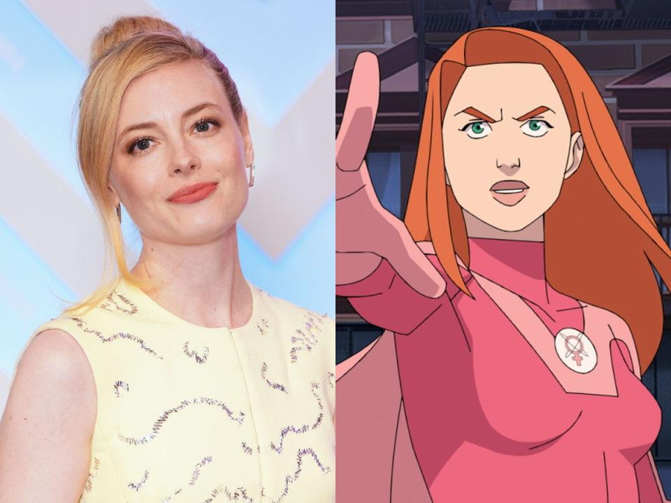 Gillian Jacobs, left, in March 2023. Atom Eve, right, on season two of the animated series "Invincible."