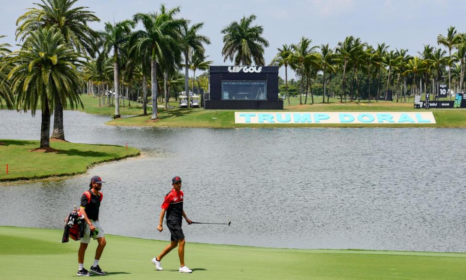 <span>David Puig (right) during practice before the LIV event at Doral. Brooks Koepka says: ‘It’s the first big boy course we’ve played this year.’</span><span>Photograph: Sam Navarro/USA Today Sports</span>
