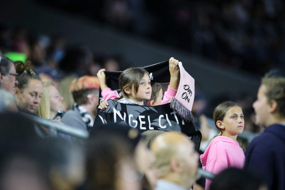 Fans watch the Angel City Football Club play against North Carolina Courage at the Banc of California Stadium on April 29, 2022. / Credit: Meg Oliphant / Getty Images