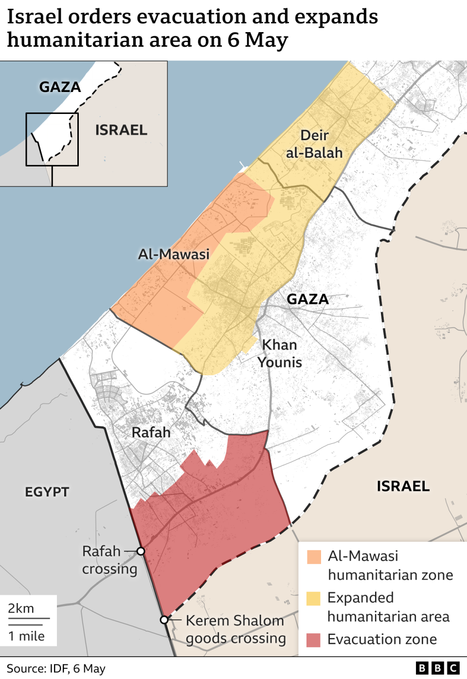 Map showing Israeli-declared evacuation zone in Rafah and expanded humanitarian area (6 May 2024)