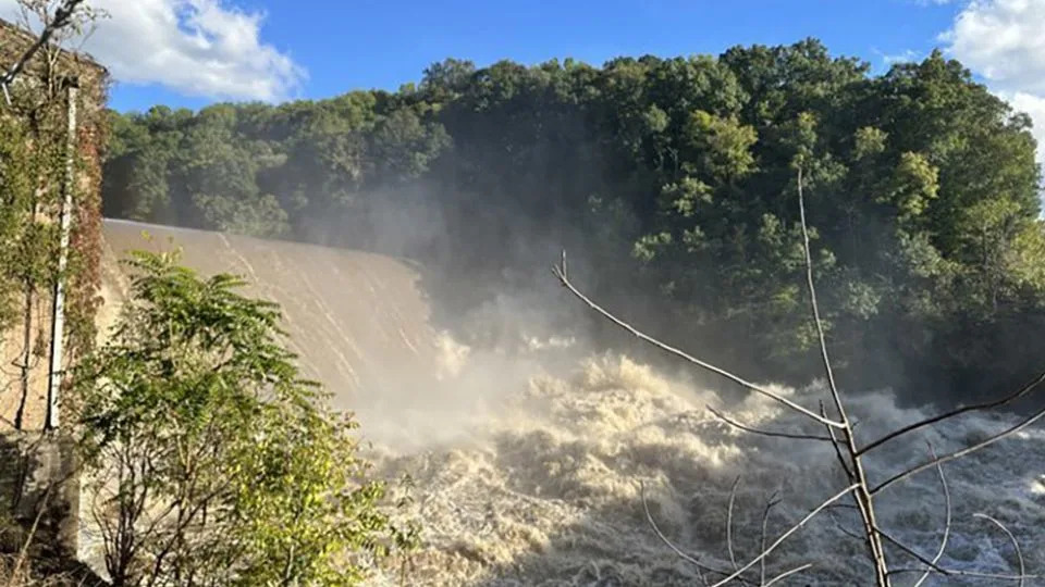 This handout photo from the Tennessee Valley Authority shows the Nolichucky Dam in Greene County, Tennessee. Officials say the dam may fail soon from remnants of Helene. - Tennessee Valley Authority