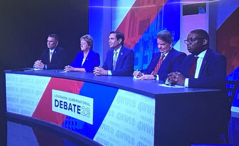 From left: Louisiana governor candidates John Schroder, Sharon Hewitt, Stephen Waguespack, Hunter Lundy and Shawn Wilson take part in a debate at WWL-TV in New Orleans.